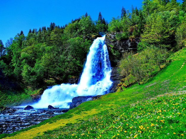 Обои картинки фото falling, waters, in, mountain, природа, водопады, водопад, лес, обрыв, река
