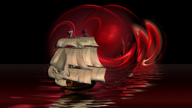 Обои картинки фото redsails, sunset, 3д, графика, sea, undersea, море, красный, фон, корабль