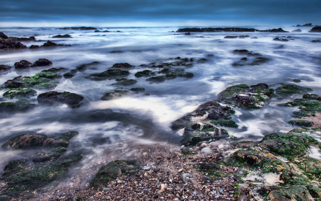 Обои картинки фото природа, побережье, море, отлив, камни, туман