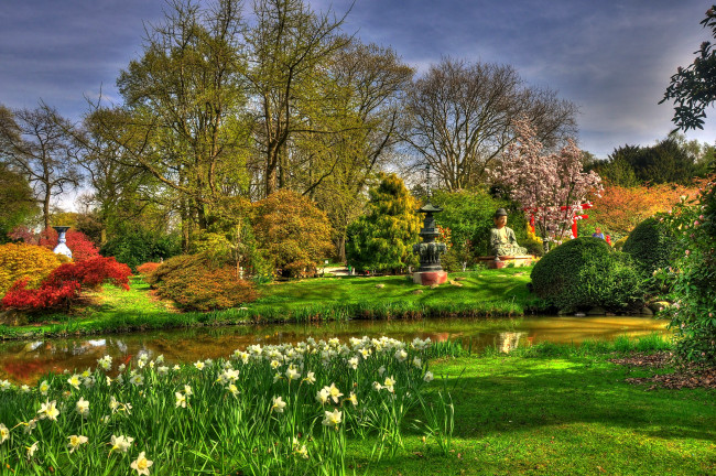 Обои картинки фото германия, гамбург, японский, сад, природа, парк, водоем, скульптуры, растения