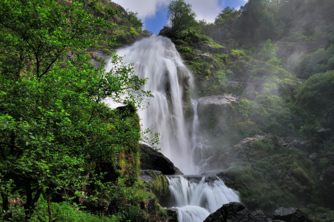 Обои картинки фото природа, водопады, деревья, скала, поток