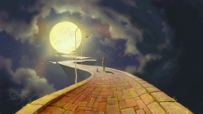 Обои картинки фото фэнтези, другое, человек, фонарь, ночь, дорога, луна, облака, небо, кот, полнолуние