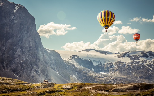 Обои картинки фото авиация, воздушные шары, шары, горы, небо, спорт, пейзаж