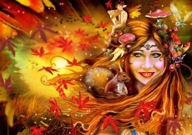 Обои картинки фото фэнтези, девушки, грибы, эльф, белка, осень, девушка, сова, листья