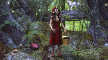 Картинка 3д+графика фантазия+ fantasy девушка взгляд фон лес корзина волк