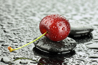 Картинка еда вишня +черешня капли макро камень ягода