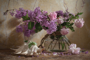 Картинка цветы букеты +композиции букет роза ваза сирень