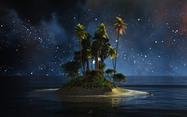 Обои картинки фото природа, тропики, остров, пальмы, ночь, вода