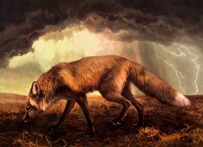 Обои картинки фото рисованное, животные,  лисы, трава, тучи, молния