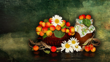 Картинка еда Яблоки harmony красивые корзинка ваза красота beauty китайка beautiful ромашки яблоки природа цветы настроение