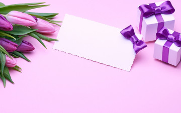 обоя праздничные, подарки и коробочки, букет, подарки, тюльпаны, love, розовые, бант, fresh, pink, flowers, romantic, tulips, gift, purple