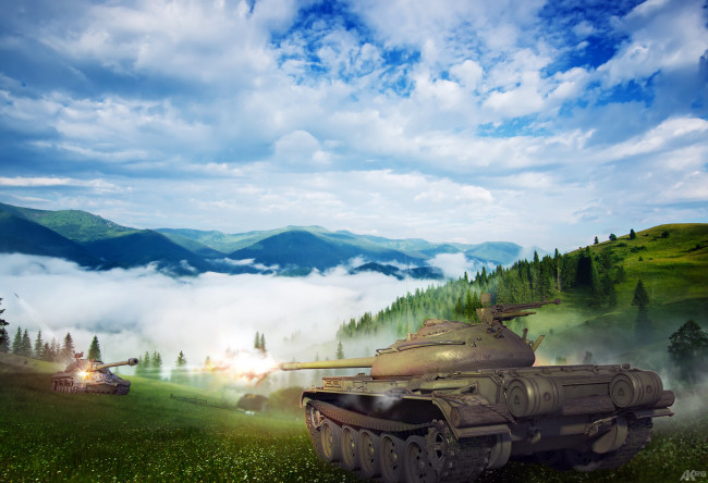 Обои картинки фото видео игры, мир танков , world of tanks, поле, горы, небо, облака, танки