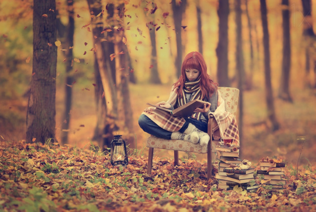 Обои картинки фото девушки, - рыжеволосые и разноцветные, рыжая, кресло, книги, лес, осень