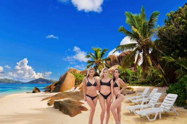 Обои картинки фото девушки, - группа девушек, тропики, пальмы, пляж, трио, бикини