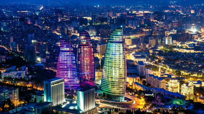 Обои картинки фото baku,  flame towers, города, баку , азербайджан, панорама, огни, башни