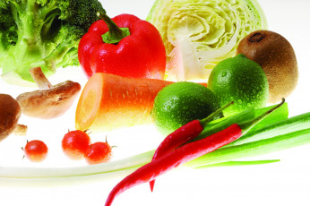 Картинка еда разное овощи болгарский перец киви лайм красный брокколи капуста помидоры черри фрукты грибы зелёный лук томаты