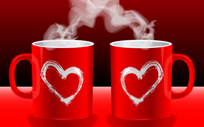 Обои картинки фото векторная, графика, горячий, пар, кофе, любовь, кружка, чашка, сердечки, настроения