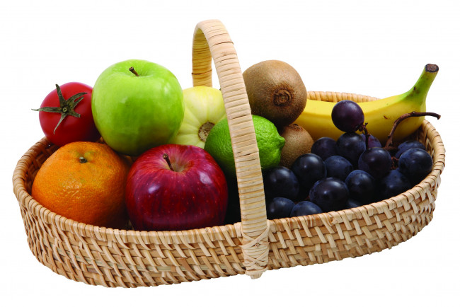 Обои картинки фото еда, фрукты, овощи, вместе, корзинка, фруткты, помидоры, яблоко, апельсин, банан, виноград, киви, лайм, кабачок, красный, жёлтый, зелёный