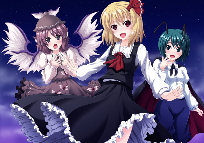 Обои картинки фото аниме, touhou, мистия, лорелей, риггл, найтбаг, румия