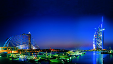 обоя dubai, города, дубаи, оаэ, бухта, ночной, город, катера, пристань, jumeirah, beach, hotel