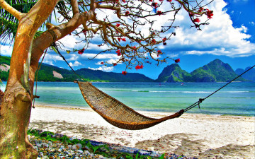 Картинка природа тропики отдых гамак дерево песок море горы
