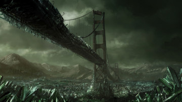 Картинка фэнтези иные миры времена горы кристаллы разрушение мост