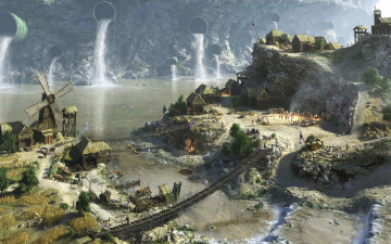 Картинка фэнтези иные миры времена водопад мельница мосты селение