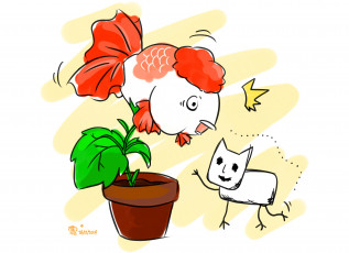 обоя аниме, hoozuki no reitetsu, цветок, дух, кот, рыба