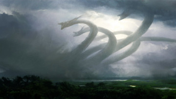 Картинка фэнтези драконы деревья река дракон тучи головы змей