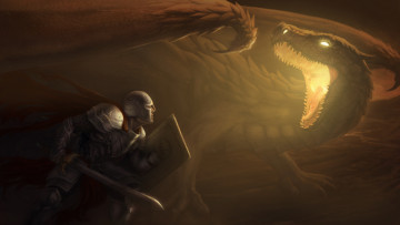 Картинка фэнтези драконы доспехи меч рыцарь воин пламя дракон