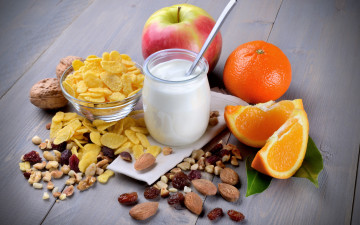 Картинка еда разное орехи изюм хлопья фрукты йогурт nuts yogurt apple orange яблоко апельсин