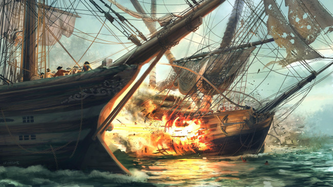 Обои картинки фото фэнтези, корабли, огонь, пираты, море, битва