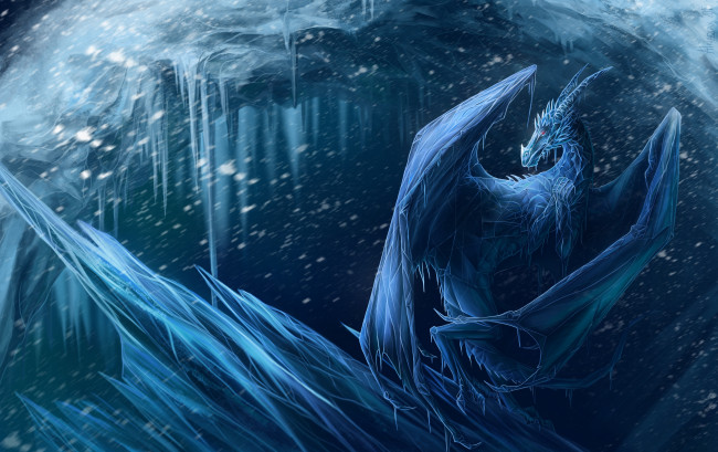 Обои картинки фото фэнтези, драконы, рога, крылья, ледяной, дракон