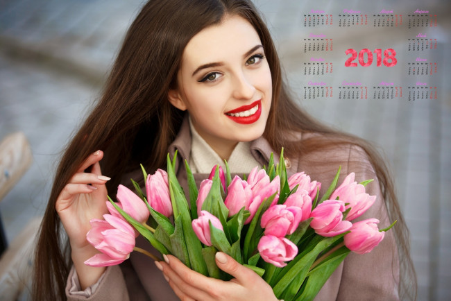 Обои картинки фото календари, девушки, лицо, макияж, тюльпаны, улыбка