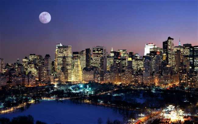 Обои картинки фото города, нью-йорк , сша, город, огни, луна, снег