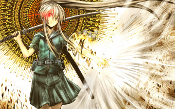Картинка аниме weapon blood technology девушка оружие сияние