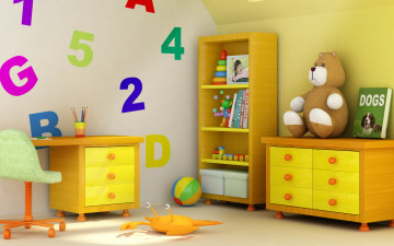 обоя интерьер, детская, комната, игрушки, стул, карандаши, мяч, дизайн, цифры, книги, мишка