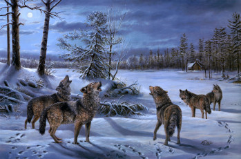 Картинка moonlight chorus рисованные mary pettis зима волки ночь луна
