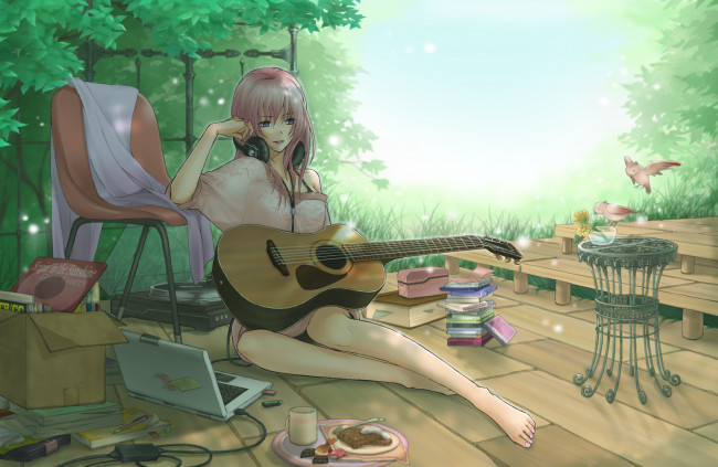Обои картинки фото аниме, vocaloid, птицы, девушка, завтрак, ноутбук, табурет, гитара