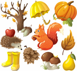 Картинка векторная+графика животные белка осень фон желудь тыква яблоко шишка листья еж дерево зонтик