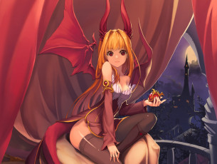 Картинка аниме -angels+&+demons взгляд девушка art mil-yu ночь демон хвост крылья рога недовольство