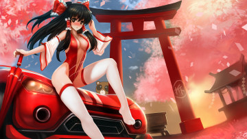 Картинка аниме touhou девушка закат автомобиль смущение