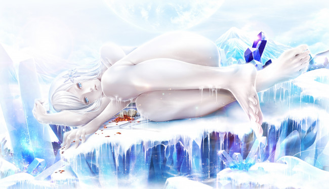 Обои картинки фото аниме, *unknown , другое, луна, бокалы, лёд, bouno, satoshi, девушка, арт, кристаллы