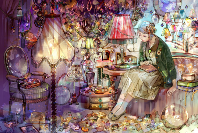 Обои картинки фото аниме, *unknown , другое, кристаллы, украшения, женщина, арт, бра, книги, комната, светильники