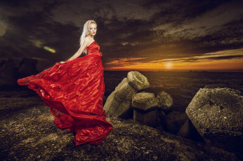 Картинка девушки -unsort+ азиатки закат камни красное платье азиатка стиль море девушка