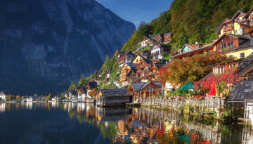 обоя города, гальштат , австрия, горы, озеро, осень, отражение