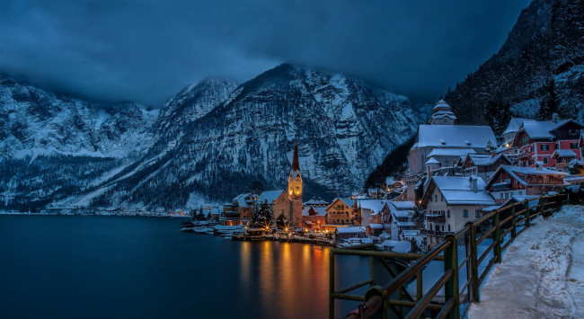 Обои картинки фото города, гальштат , австрия, снег, зима, горы, озеро