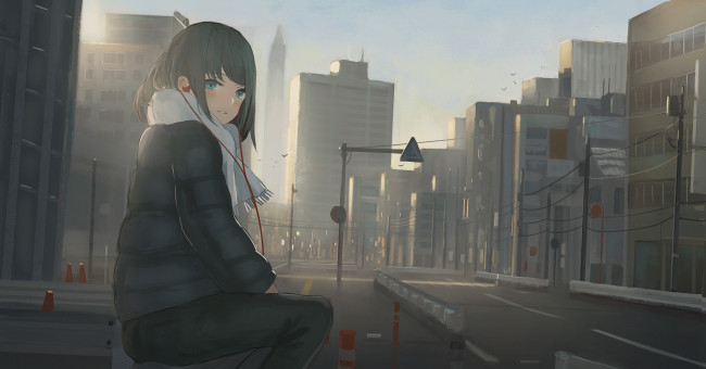 Обои картинки фото аниме, город,  улицы,  интерьер,  здания, девушка