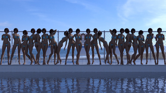 Обои картинки фото 3д графика, люди , people, фон, взгляд, девушки, бассейн