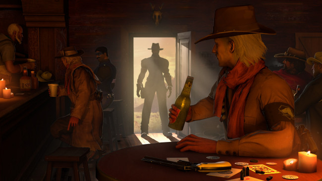 Обои картинки фото 3д графика, люди , people, фон, взгляд, мужчина, пиво, ковбой, револьвер, бар, бутылка